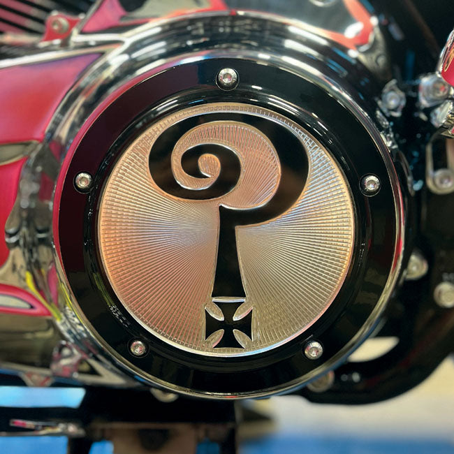 Indian Larry, Kupplungsdeckel "Question Mark", schwarz glänzend/klar für Harley-Davidson