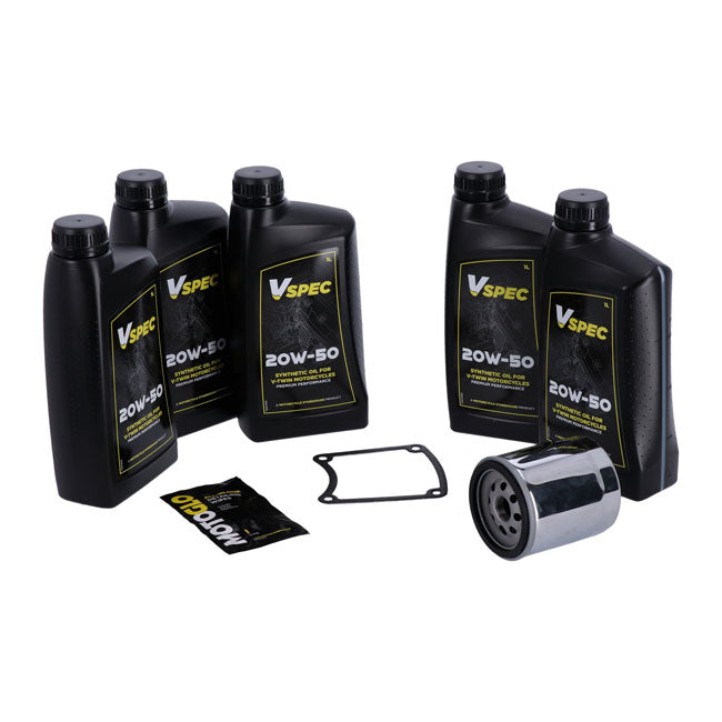 MCS, Oil Change Kit 'Big Oil'. Helemaal synthetisch. Verchroomd filter voor Harley Davidson