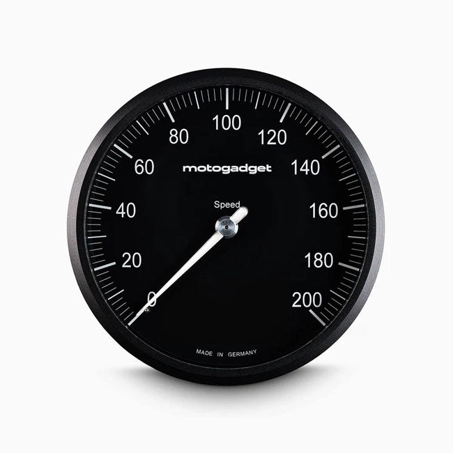 Motogadget, Chronoclassic 2 „Speedo Face“-Tachometer. Schwarze Motorrad-Lünette.