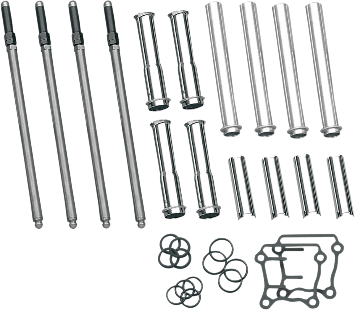 Kit includes four S&S adjustable pushrods, four pushrod covers and O-rings Pushrods are manufactured from chromoly steel for superior strength Pushrod covers have a chrome-plated finish Kit requires rocker box removal Made in the U.S.A.