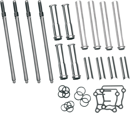 Kit includes four S&S adjustable pushrods, four pushrod covers and O-rings Pushrods are manufactured from chromoly steel for superior strength Pushrod covers have a chrome-plated finish Kit requires rocker box removal Made in the U.S.A.