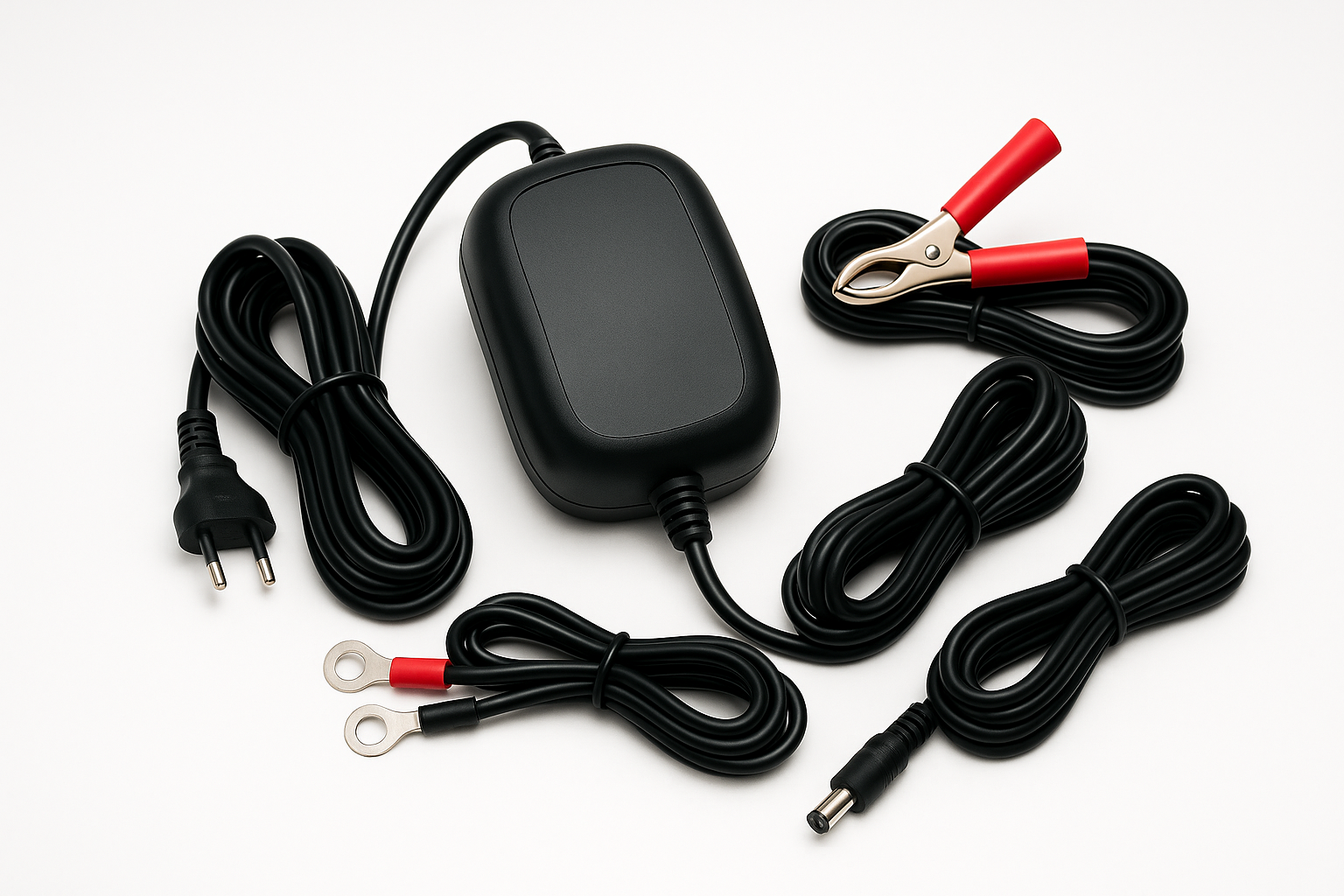 Modified motorcycle battery charger with white background and European plug