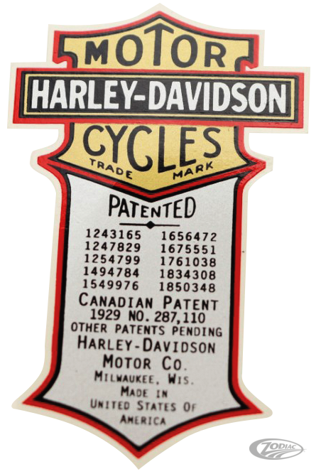 "Patent"-Transfer im Stil von 1934–1939 für Harley-Davidson