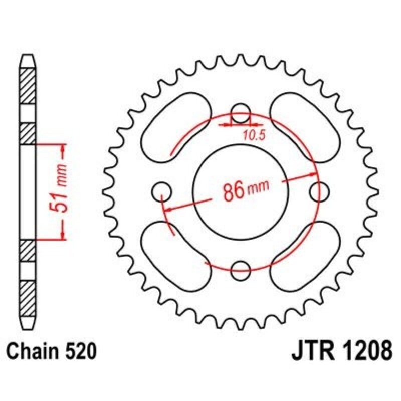 Corona JT 1208 de acero con 44 dientes JT SPROCKETS JTR1208.44