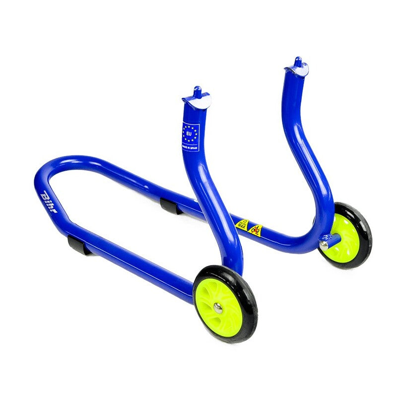 Caballete delantero Bihr para horquillas perforadas. Color azul y ruedas amarillas. BIHR PT89917