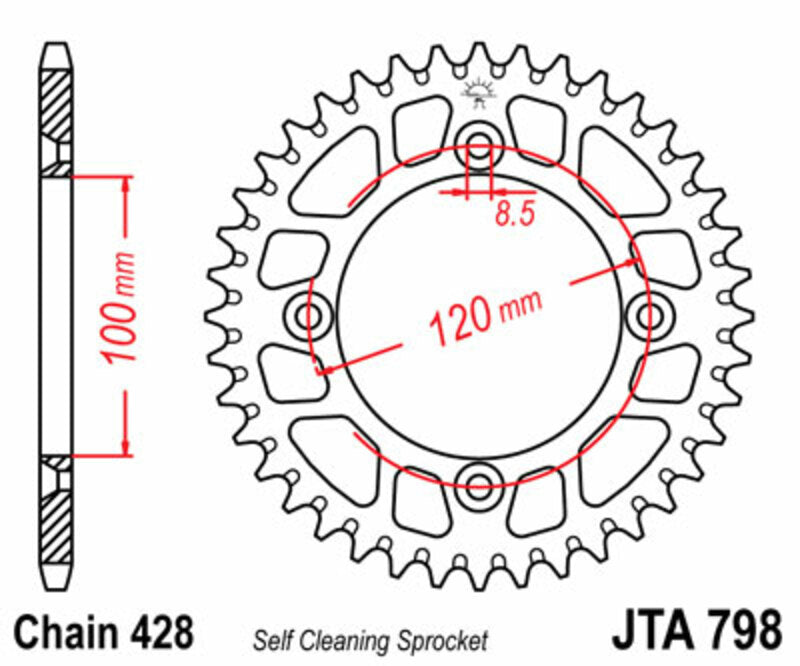Corona JT SPROCKETS aluminio ultraligera autolimpiable 798 - Paso 428 JT SPROCKETS JTA798.50