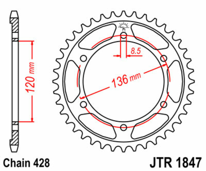 Corona JT SPROCKETS acero estándar 1847 - Paso 428 JT SPROCKETS JTR1847.55