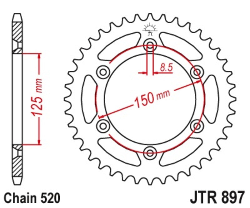 Corona JT 897 de acero con 52 dientes paso 520 autolimpiable JT SPROCKETS JTR897.52SC