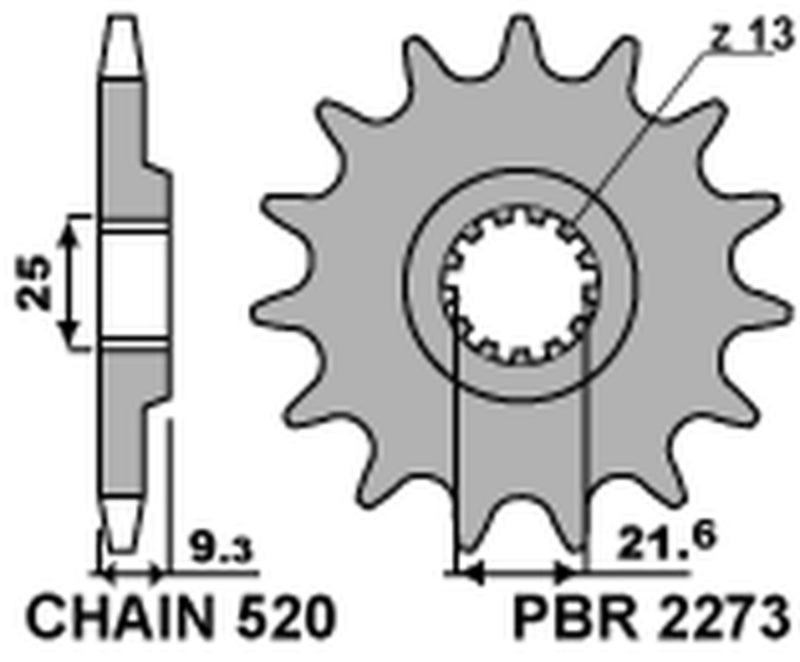 Piñón PBR 13 dientes acero standard paso 520 tipo 2273 PBR 2273 13 18NC