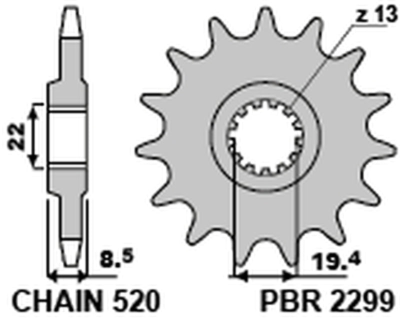 Piñón PBR 14 dientes acero standard paso 520 tipo 2299 PBR 2299 14 18NC