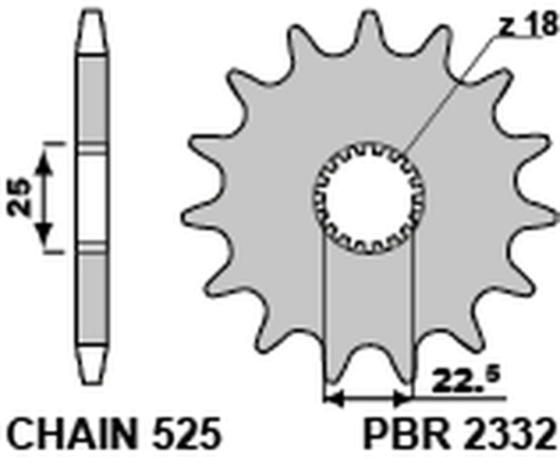 Piñón PBR 16 dientes acero standard paso 525 tipo 2332 PBR 2332 16 18NC