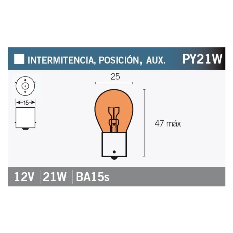 Caja de 10 lámparas BILUX 12V21W AMBAR V PARTS PY21W-AMBAR