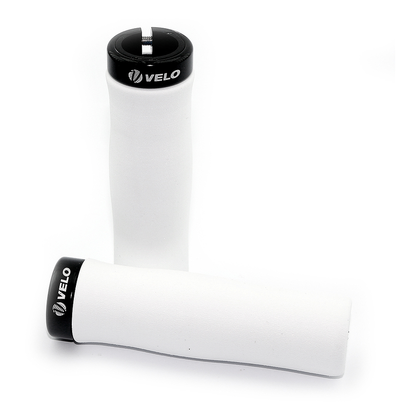 Par puños bici espuma EVA ultraligera VELO Blancos/abrazadera negra. Sujeción lock-on 1 tornillo VELO 864-4AD3L2G2-WHITE