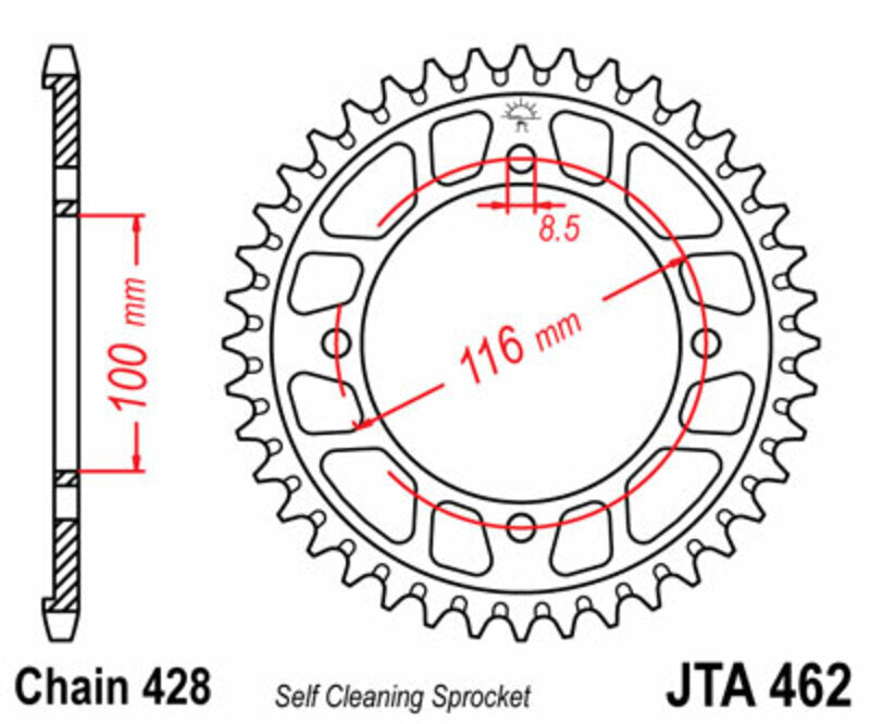 Corona JT SPROCKETS aluminio negro Ultra-Light autolimpiable 462 - 428 JT SPROCKETS JTA462.51BLK