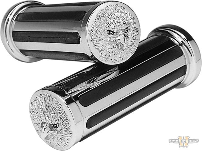 Eagle Ribbed Grips Black Chrome 1" Cable operated For Harley-Davidson