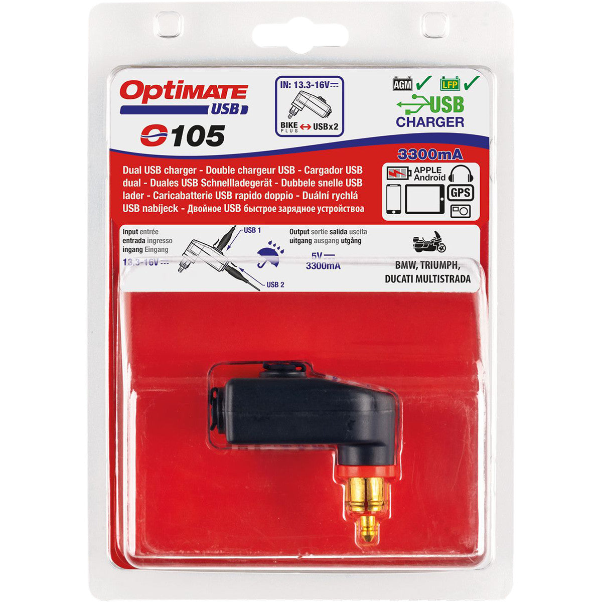 OTTIMATE USB O-105 SMART 3300mA DOPPIA USCITA CARICABATTERIE USB, CON SPINA PER BICI