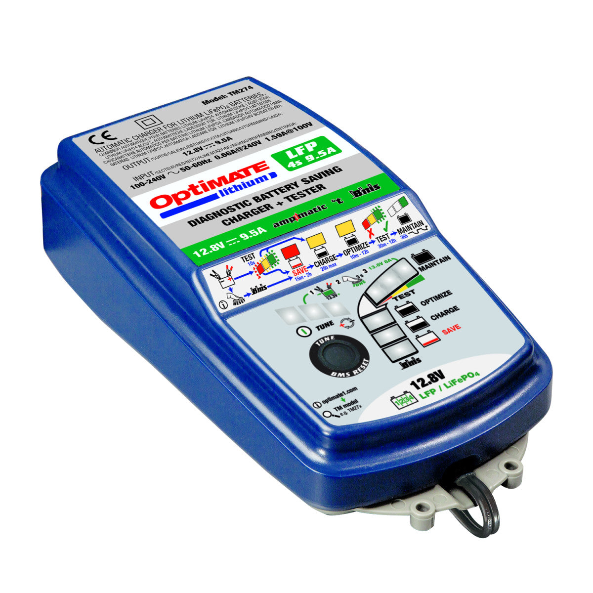 OPTIMATE LITHIUM LFP SELECT 10-STEP 12.8V 9.5A / 16V 7.5A BATTERY-SAVING CHARGER AND MAINTAINER