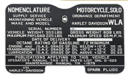 3531-44M Military Dataplate Set For Harley-Davidson WLA 1944-1945