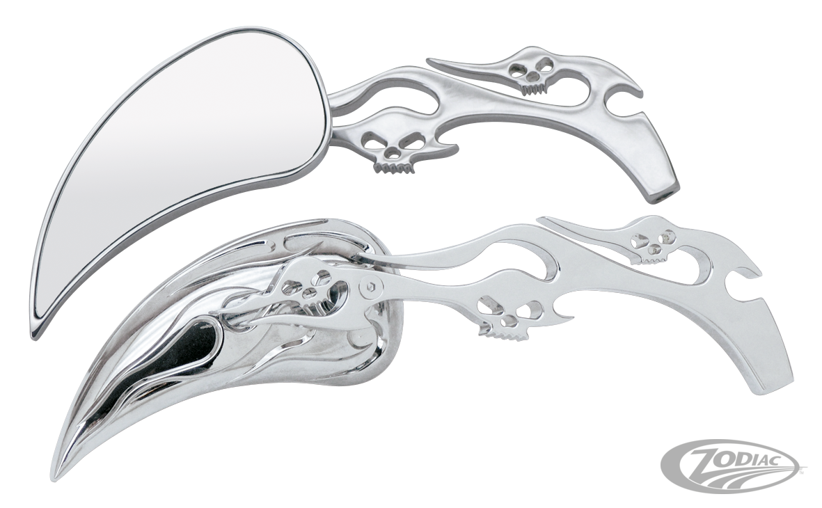 GZP Meteor mirrors w/skull & flame stem For Harley-Davidson
