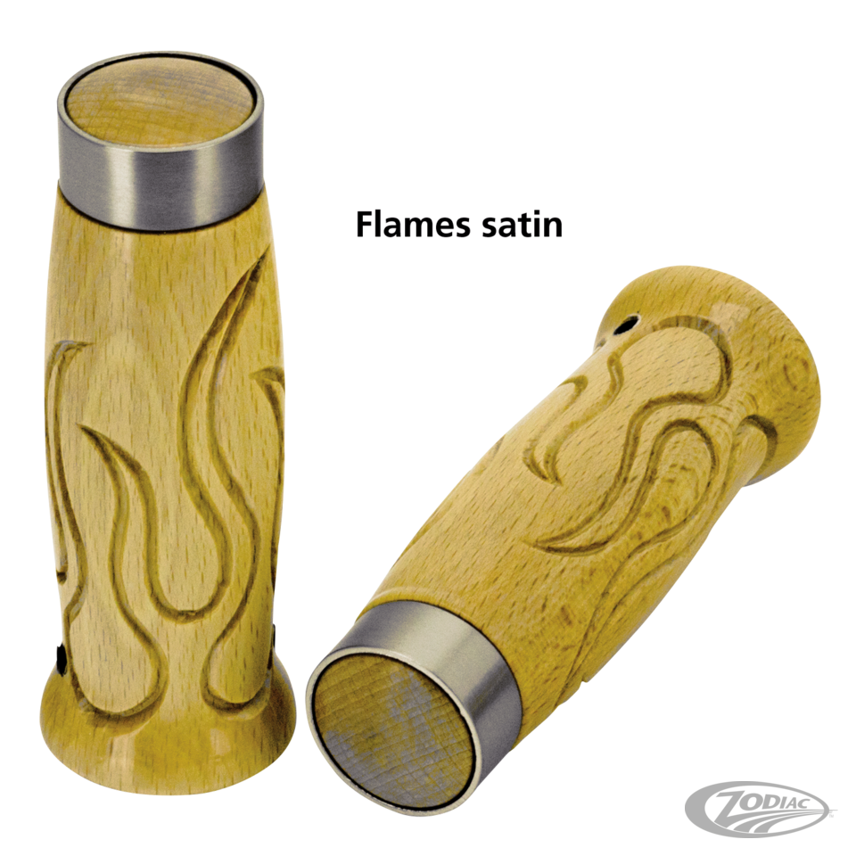 Flames style wooden grips satin chr band For Harley-Davidson